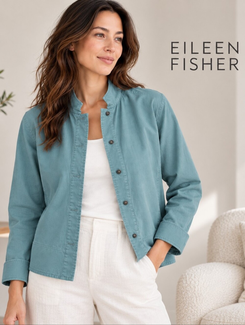 Eileen Fisher 100% Cotton Light Blue Teal Jacket Stand Collar Button Front S